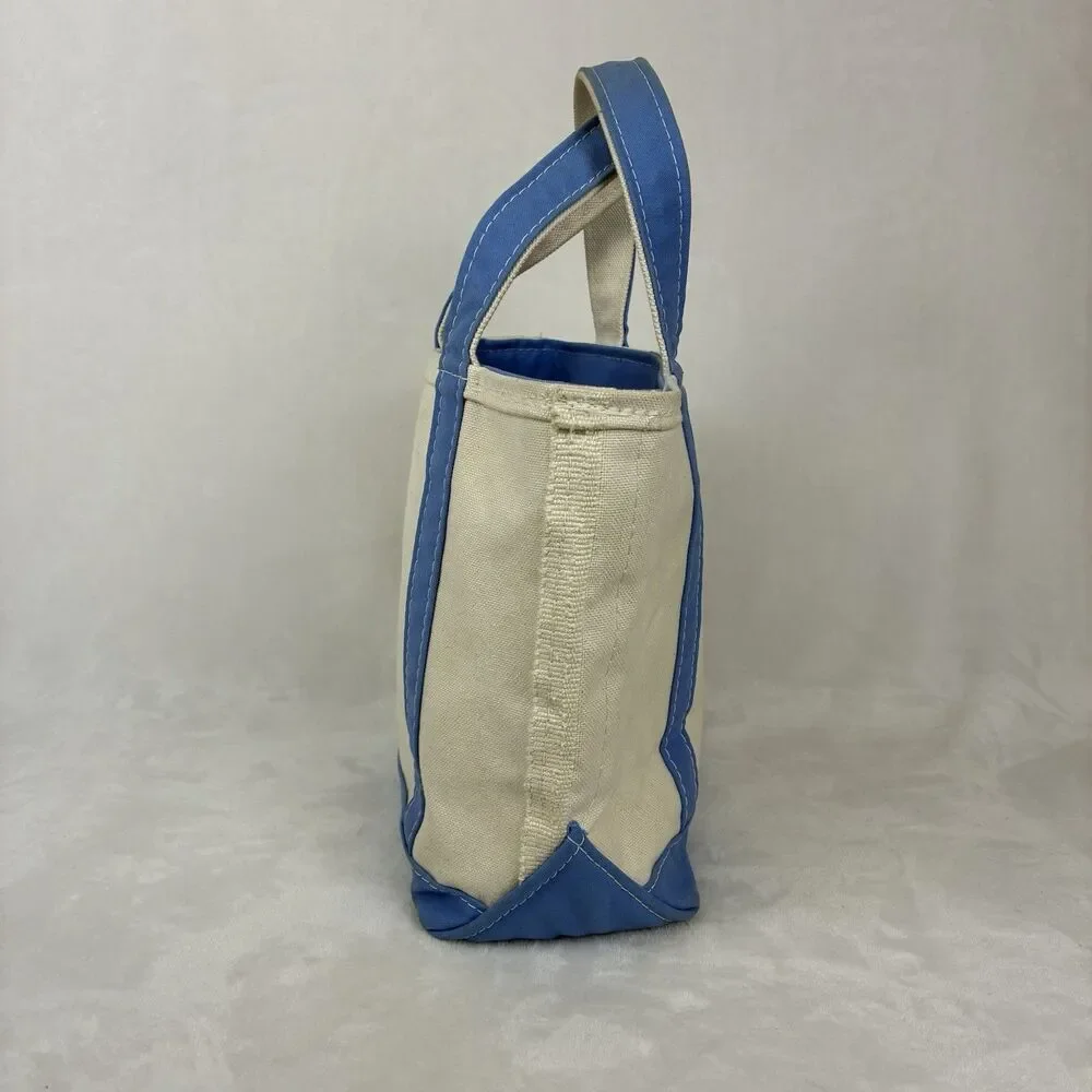 Vintage LL Bean Mini Boat And Tote -Beige Light Blue Canvas Bag With Zipper Top